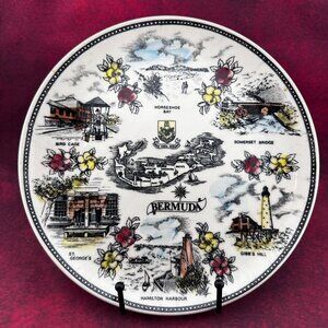 BERMUDA MAP & LANDMARKS DECORATIVE COLLECTOR'S PLATE, VINTAGE, JAPAN, 9-1/4 inch